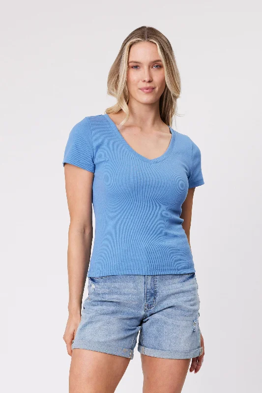 Clothing Brands Shine On Essentials Rib V Neck Tee Blue