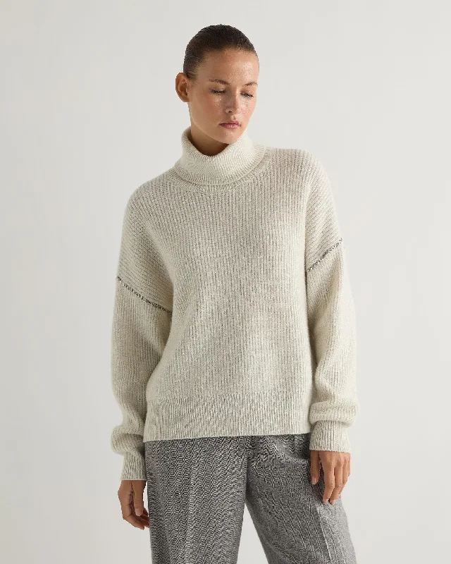 Online Boutiques Clothing Women's Metal Trim Roll Neck Cashmere Jumper With Lurex Snow Grey Sparkle