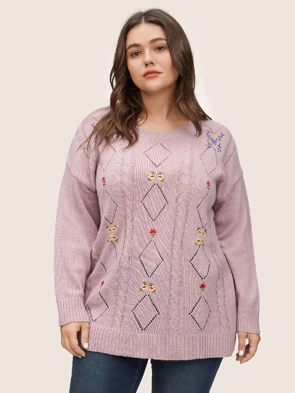 Big Discounts Floral Embroidered Geometric Hollow Out Cable Knit Pullover