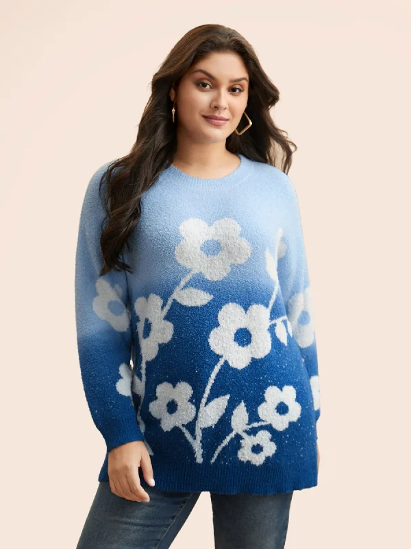 Flash Sale, Don't Miss Floral Jacquard Ombre Drop Shoulder Pullover