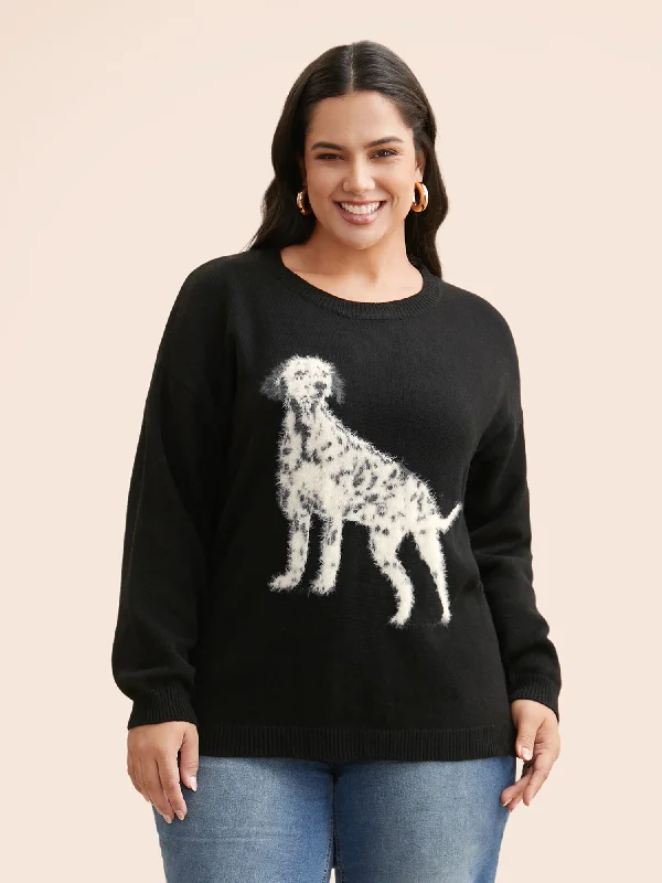 Trendy Aesthetics Dog Jacquard Fluffy Drop Shoulder Pullover