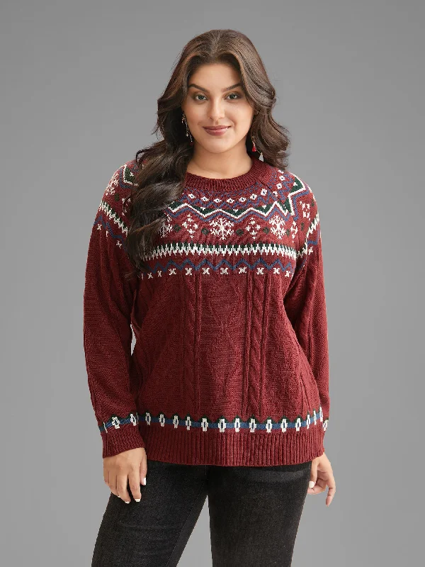 Relaxed Fit Women’s Fashion Festive Fair Isle Cable Knit Pullover