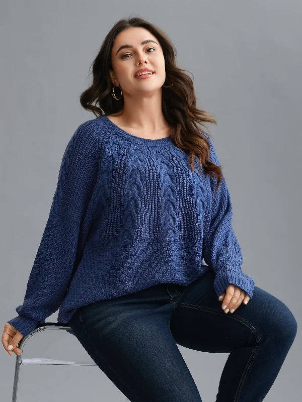 Plus Size Women’s Fashion and Clothing Cable Knit Raglan Sleeve Round Neck Pullover