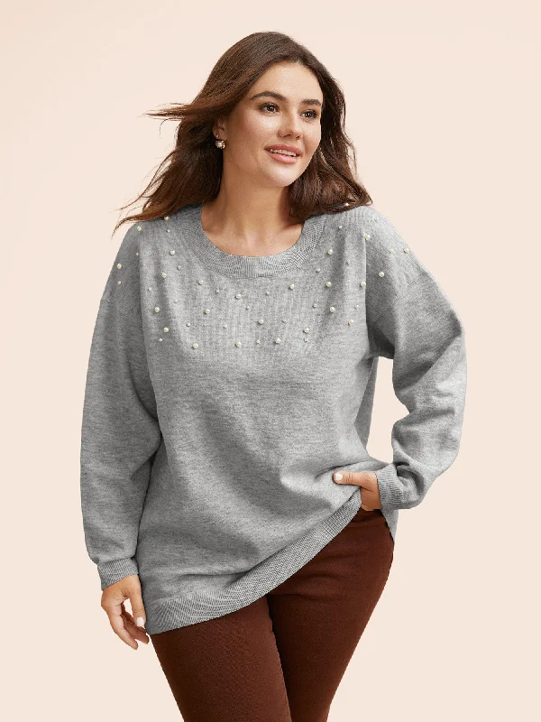 Women’s Trendy Outfits Round Neck Pearl Beaded Pullover